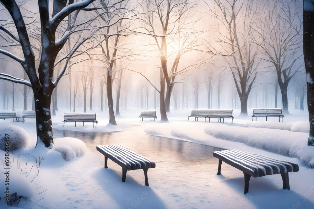 A serene scene capturing a winter park bathed in the soft hues of dawn, with snow-covered pathways, frosty benches, and a tranquil ambiance amidst gently falling snow