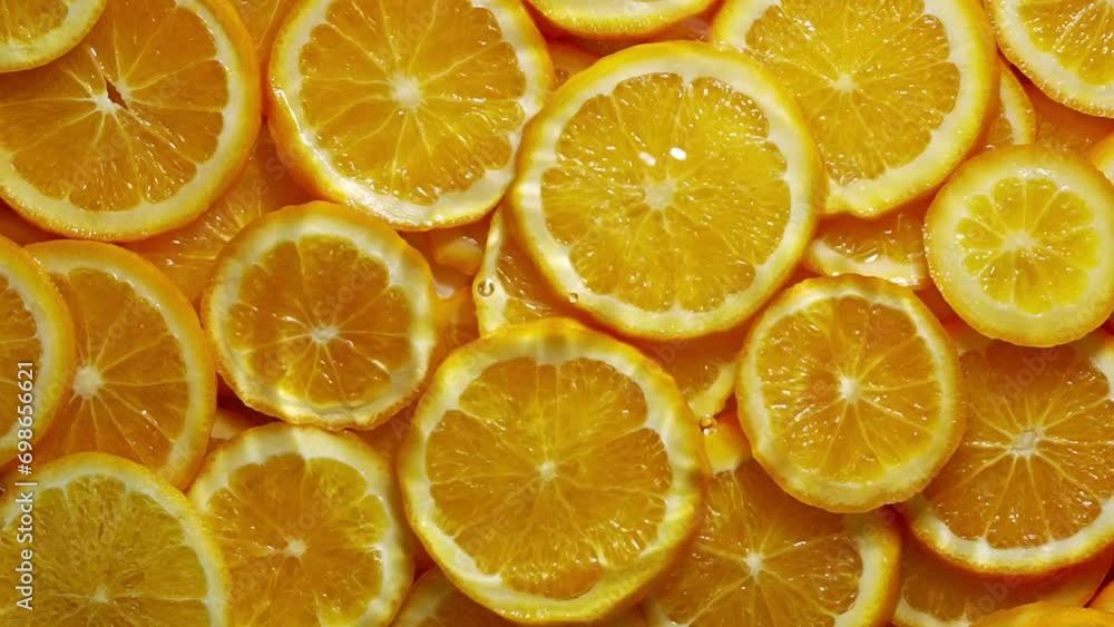 Super slow motion of orange slices with ice rotating in water, black background. Filmed on high speed cinema camera, 1000 fps. Super slow motion of orange slices with ice rotating in water, black background. Filmed on high speed cinema camera, 1000 fps.