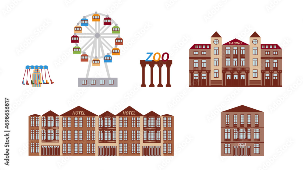 Fototapeta premium Elements of modern entertainment infrastructure, a set of icons with a casino, a hotel and a cafe, a carousel, a zoo and a Ferris wheel, in a flat style for the design of urban maps, urban info