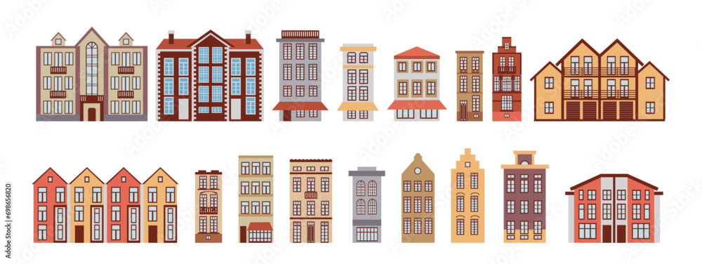 Set of modern and ancient buildings, elements of urban infrastructure, a cottage village, a city street, an old town, collection of icons, illustrations in a flat style.