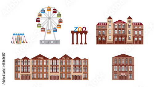 Elements of modern entertainment infrastructure, a set of icons with a casino, a hotel and a cafe, a carousel, a zoo and a Ferris wheel, in a flat style for the design of urban maps, urban info