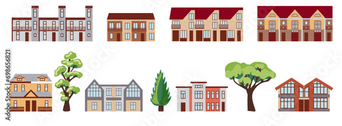 odern low-rise buildings and trees, elements of urban infrastructure, a cottage village, a city street, a set of icons for builders, illustrations in a flat style. photo