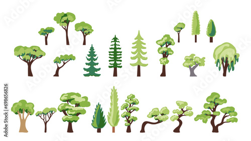 Сollection of icons of deciduous and coniferous trees, hand-drawn in a flat style and isolated on a white background for the design and decoration of maps, elements of urban and park infrastructure