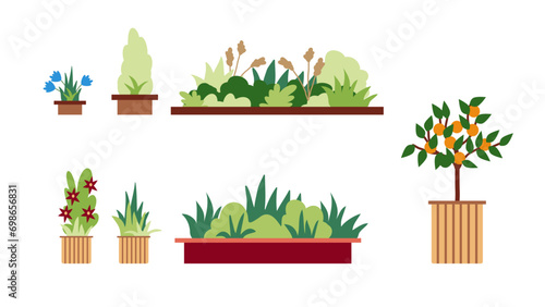 Set of icons of summer bushes with flowers and trees in tubs, hand-drawn in a flat style for the design and decoration of maps, urban and park infrastructure