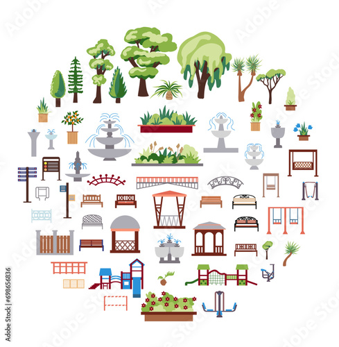 Collection of elements of urban and park infrastructure with icons of lanterns, children's slides and gazebos. Set of flat-style illustrations for the design of maps and drawings of urban life.