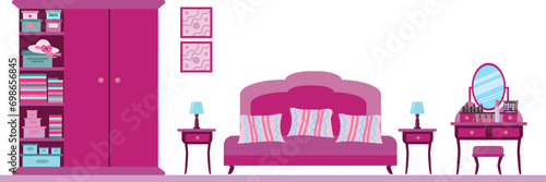 Cute pink bedroom interior with linen closet dressing table and bed. set of pink furniture and accessories cozy dollhouse, illustration of flat cartoon style.