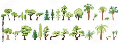 Large vector set of icons of deciduous coniferous trees palms and dracaena hand-drawn in a flat style and isolated on a white background for the design and decor of maps and park and urban info