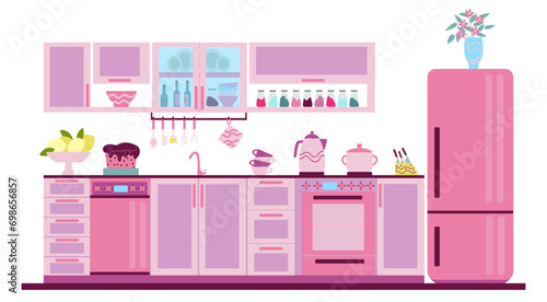 Cozy pink kitchen. Set of pink kitchen furniture and accessories with an illustration of a cozy dollhouse in a flat cartoon style. © Nadine.de.trevile