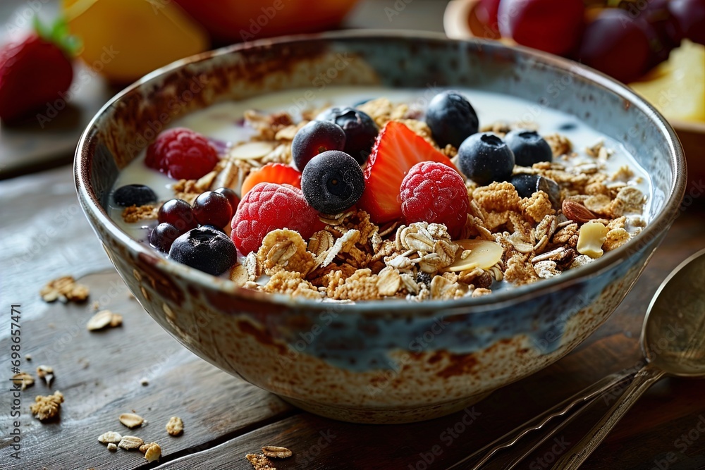 A bowl of cereal with milk and fruit and nuts. Great for stories about health, nutrition, dieting, cholesterol, fitness and more.