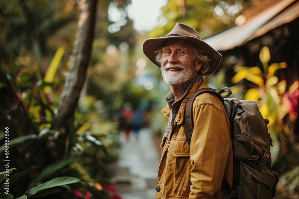 Smiling elderly man with backpack travels and discovers new places and cultures. Happy retirement.