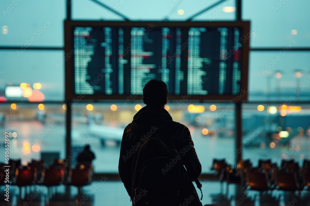 View of back man looking at his flight on screen in airport - obrazy, fototapety, plakaty 