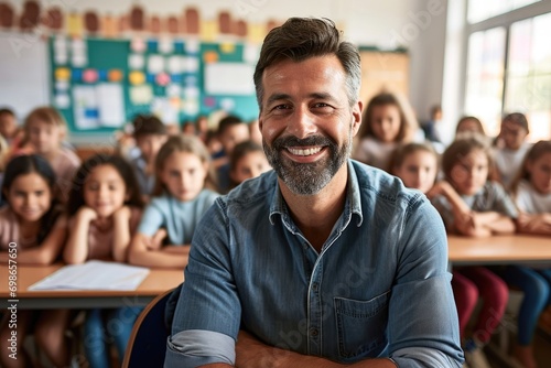 Smiling male teacher in a class at elementary school with learning students on background. photo