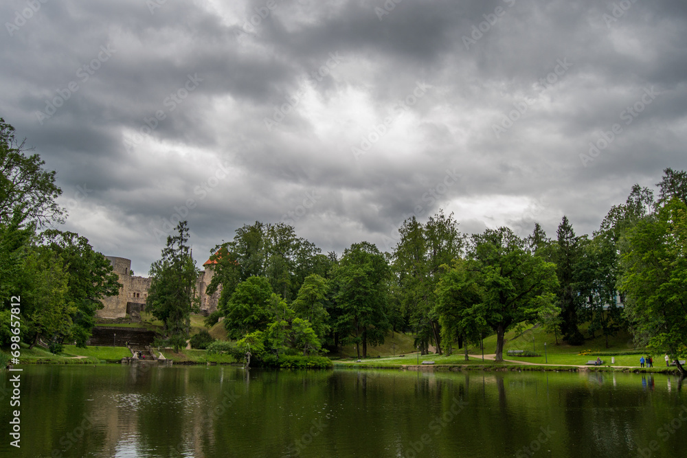 Tranquil forest landscape with green trees, reflecting in a serene lake.