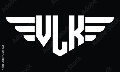 VLK three letter logo, creative wings shape logo design vector template. letter mark, word mark, monogram symbol on black & white.