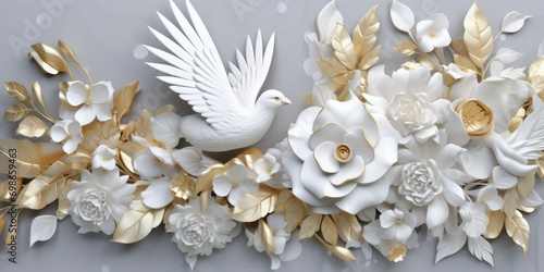 Two swans amidst golden leaves and white flowers, symbolizing love and elegance. Their necks form a heart shape