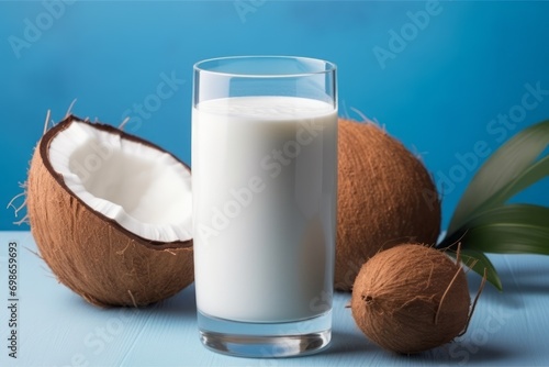 Coconut milk in a glass and coconut halves. dietary product, vegan dairy products. Cow's milk substitute.