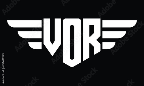 VOR three letter logo, creative wings shape logo design vector template. letter mark, word mark, monogram symbol on black & white.