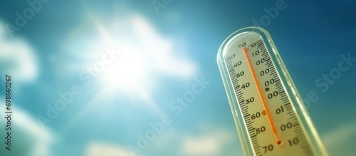 low angle view of Thermometer on blue sky with sun shining in summer showing increasing temperature