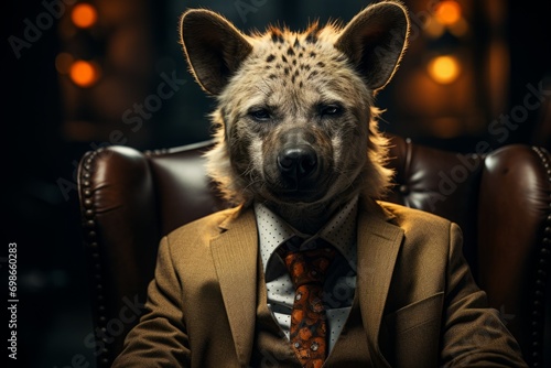 hyena in a business suit with a tie. businessman with the head of a predatory animal. photo