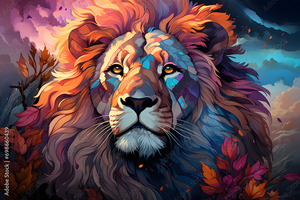 lion, fantasy portrait, colorful illustration. a male lion with a magnificent mane. predator, feline.