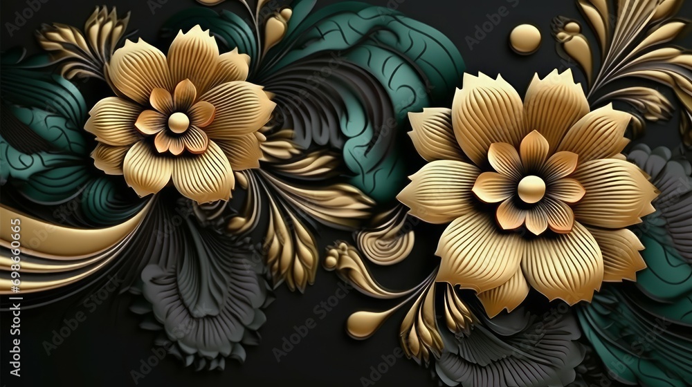 A mesmerizing display of golden flowers amidst dark green foliage, artistically rendered with intricate details