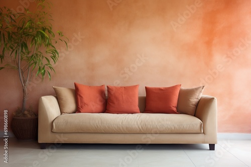 Terra cotta sofa against a grunge beige stucco wall in interior design