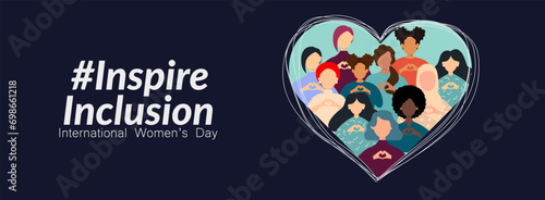 International Women's Day banner. #InspireInclusion Diverse women with heart-shaped hands stand together. photo