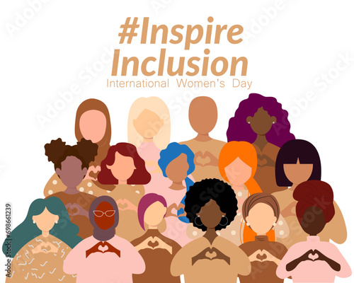 Women's Day banner. #InspireInclusion Diverse women with heart-shaped hands stand together