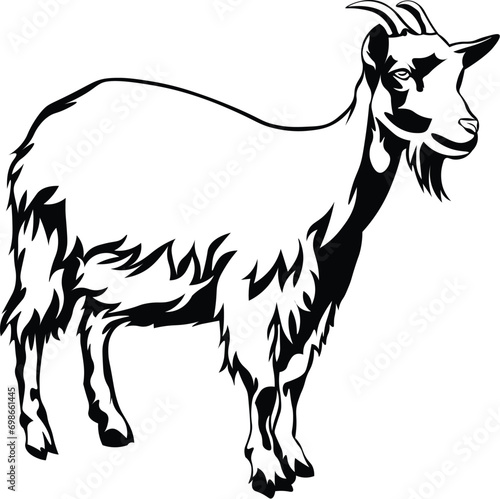 Cartoon Black and White Isolated Illustration Vector Of A Horned Billy Goat Standing Up