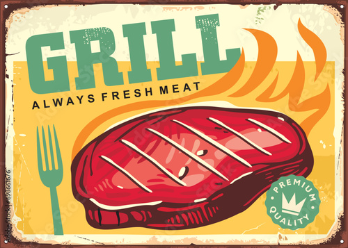 Grilled meat steak on fire, retro advertisement for barbecue restaurant. Beef steak vintage sign design. Food vector illustration.