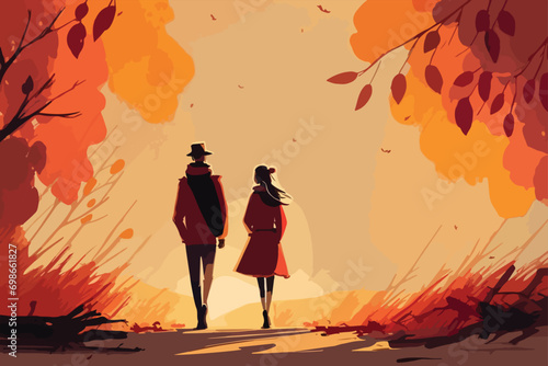 Young couple, boy and girl, walking in a beautiful autumn landscape, vector illustration generated by AI

