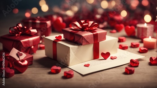 Valentine's day background with gift boxes and red hearts