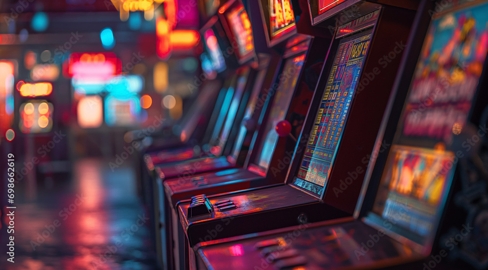 Colorful Neon Lights in a Retro Arcade Game Room
