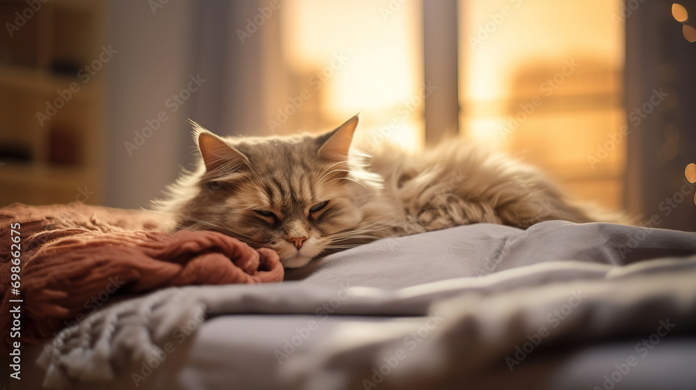 pretty cute ginger red haired cat lying and sleep on the bad against evening window. cozy background with pets. AI pretty cute ginger red haired cat lying and sleep on the bad against evening window. cozy background with pets. AI