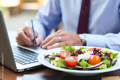 person is working on a laptop while taking notes, with a plate of fresh salad on the table, symbolizing a balance of productivity and healthy eating