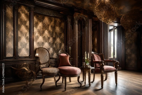 A stunning interior with ornate bronze columns, a regal chair, and intricately patterned wallpaper, illuminated by perfect lighting, exuding timeless elegance
