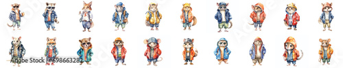 watercolor Mammal wearing clothes playful funny white background isolated. vector illustration