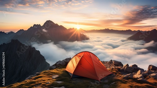 Image of a tent over mountain in a sunny day , Generative ai.