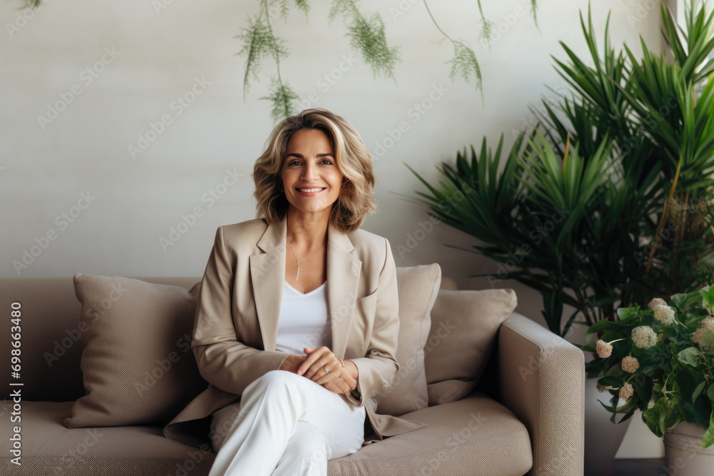 Smiling middle aged woman sitting on a couch near a plants, wearing a light beige jacket Smiling middle aged woman sitting on a couch near a plants, wearing a light beige jacket