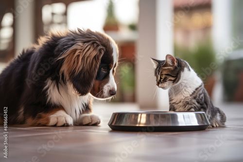 Dog and cat eating together in the kitchen photo