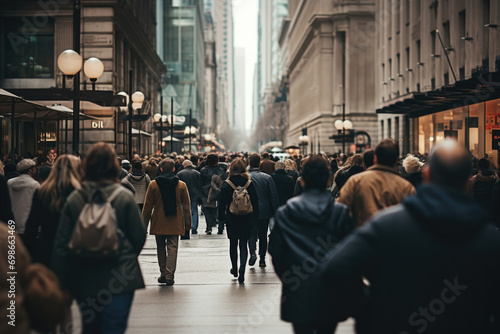An anonymous crowd of people walking along a busy metropolis street, daytime