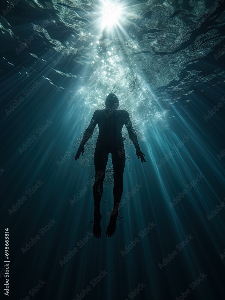 A body suspended in the ocean with rays of light shining on it. Great for stories of crime, murder, horror, mystery, danger and more. A body suspended in the ocean with rays of light shining on it. Great for stories of crime, murder, horror, mystery, danger and more.