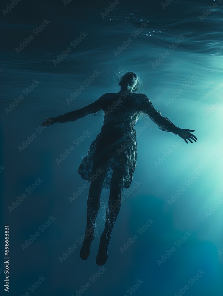 Fototapeta premium A body suspended in the ocean with rays of light shining on it. Great for stories of crime, murder, horror, mystery, danger and more. 