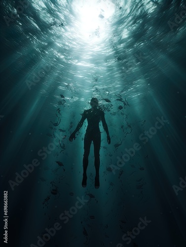 A body suspended in the ocean with rays of light shining on it. Great for stories of crime, murder, horror, mystery, danger and more. 