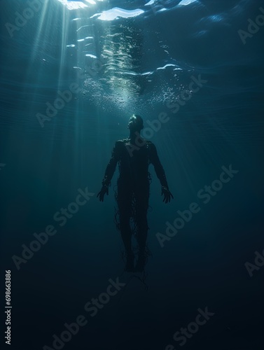 A body suspended in the ocean with rays of light shining on it. Great for stories of crime, murder, horror, mystery, danger and more. 
