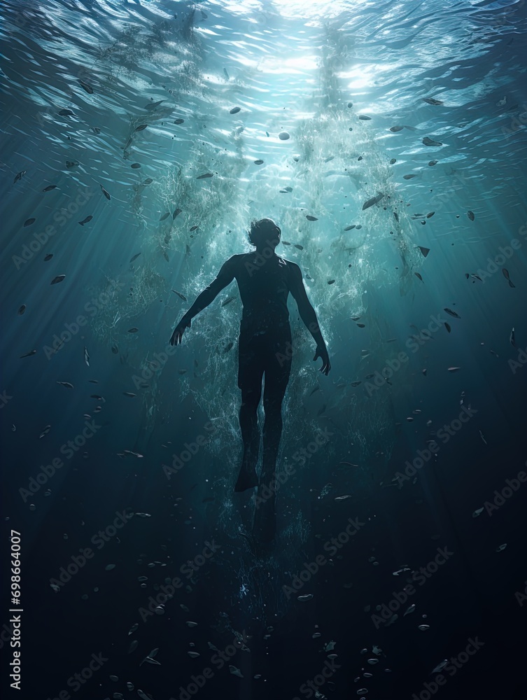 Fototapeta premium A body suspended in the ocean with rays of light shining on it. Great for stories of crime, murder, horror, mystery, danger and more. 