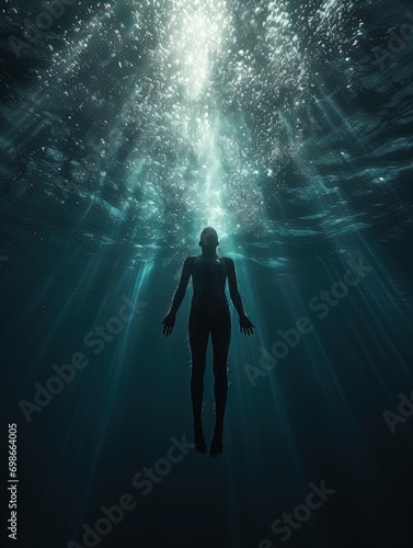 A body suspended in the ocean with rays of light shining on it. Great for stories of crime, murder, horror, mystery, danger and more. 