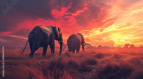 the elephants are walking near a sunset © alex