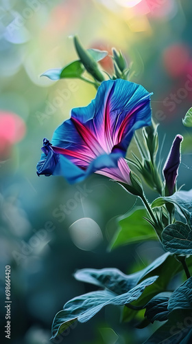 A colorful morning glory is about to bloom  blurred background