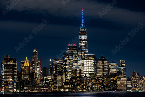 Night image of Lower Manhattan skyline, New York City, from Hoboken, NJ.